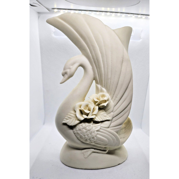 VINTAGE VASE-Porcelain Bisque-Ivory-Swan-Art Deco Style-8.25" - Picture 1 of 16